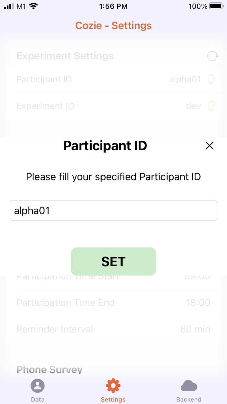 Settings tab - participant id