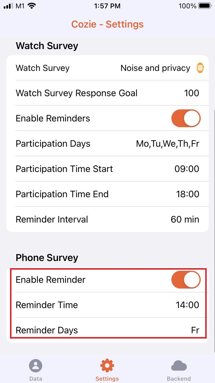 Screenshot of phone survey reminder settings