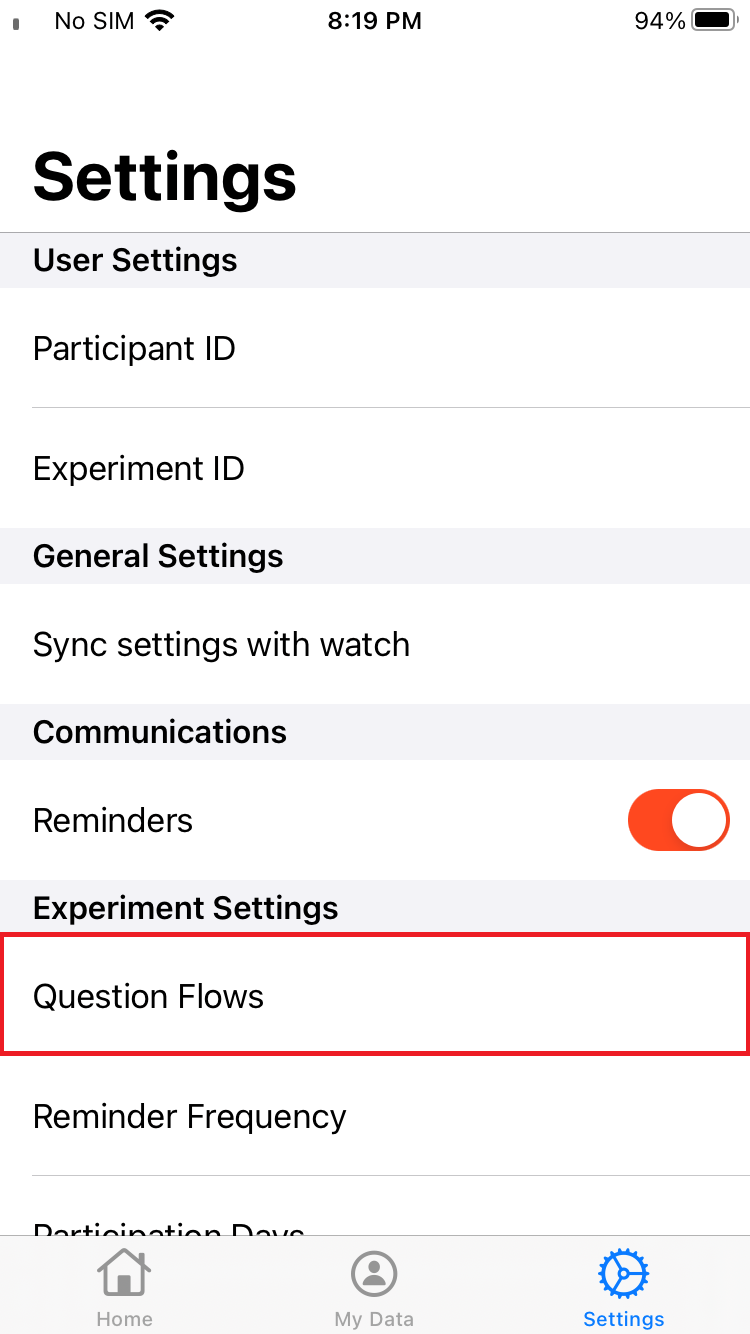 Settings page - Question flow