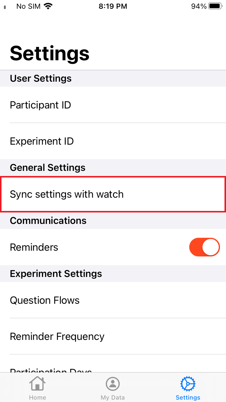 Sync settings with watch