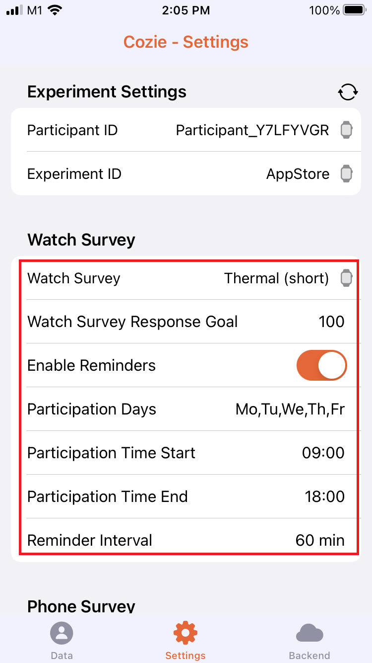 Screenshot of watch survey and reminders settings