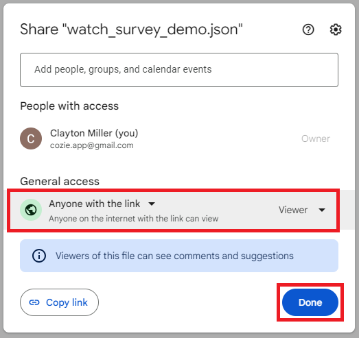 Screenshot of watch survey file on Google Drive