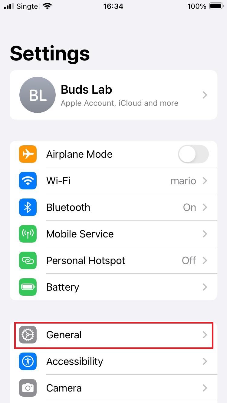 Screenshot of settings menu