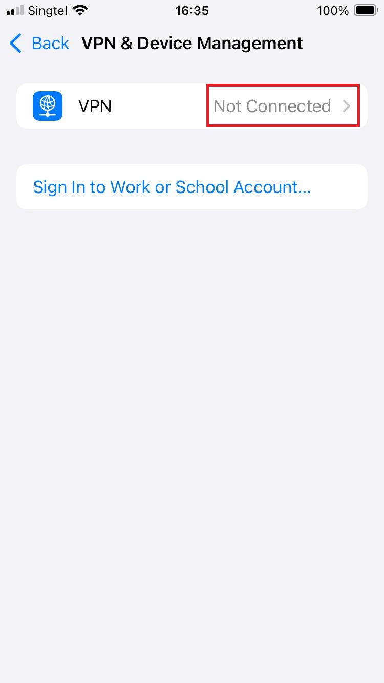 Screenshot of VPN submenu in settings menu